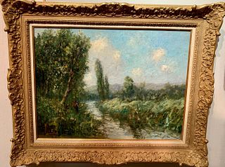 BARBIZON FOREST, PARIS WITH RIVER AND COWS OIL PAINTING
