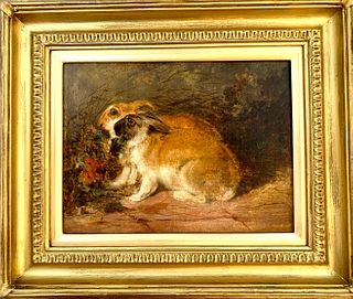 PORTRAIT OF TWO RABBITS IN AN INTERIOR OIL PAINTING