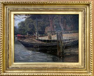 RICHARD HALANDSCAPE WITH FIGURES & BOATS OIL PAINTING