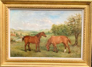 PORTRAIT OF SHIRE OR CLYDESDALE HORSES IN A LANDSCAPE OIL PAINTING