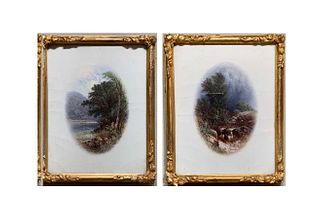 PAIR OF VICTORIAN RIVER LANDSCAPES WITH WATERFALLS OIL PAINTING