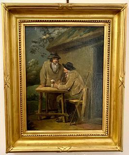 TWO COUNTRY FARMERS DRINKING BEER IN A LANDSCAPE OIL PAINTING