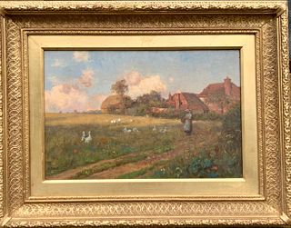 COTTAGE LANDSCAPE WITH LADY FEEDING DUCKS OIL PAINTING
