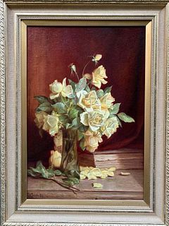 STILL LIFE OF YELLOW ROSES OIL PAINTING