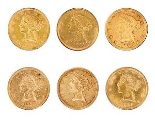 A Group of Six United States Liberty Head $5 Gold Coins