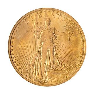 A United States 1908 Saint Gaudens 'No Motto' $20 Gold Coin