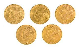 A Group of Five United States Indian Head $10 Gold Coins