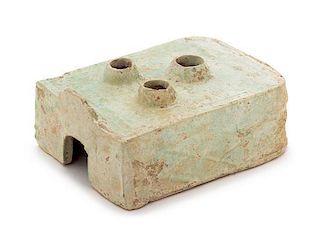 * A Chinese Green Glazed Pottery Model of a Stove Length 8 3/4 x width 6 1/2 x height 3 inches. 綠釉陶爐，汉，長8.75x寬6.5x高3英吋