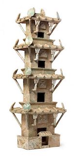 * A Large and Impressive Chinese Green Glazed Pottery Model of Five Section Watchtower Height 38 inches. 綠釉陶五層樓閣，汉，高38英吋