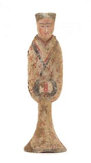 * A Chinese Painted Pottery Figure of a Female Attendant Height 17 inches. 彩繪陶女俑立像，汉，高17英吋