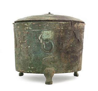 * A Chinese Painted Bronze Tripod Vessel, Lian Height 8 1/2 inches. 青銅三足奩，汉，高8.5英吋