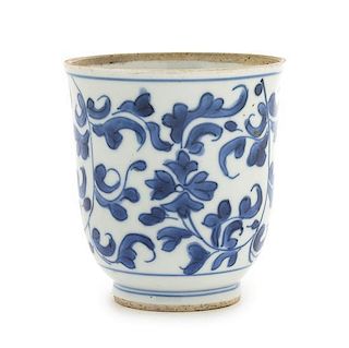 A Chinese Blue and White Porcelain Cup Diameter 2 7/8 inches. 青花卷草紋盃，口徑2.875英吋