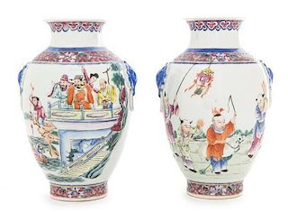 Two Chinese Famille Rose Porcelain Vases Height 7 3/4 inches. 粉彩人物圖瓶兩件，20世纪初，高7.75英吋