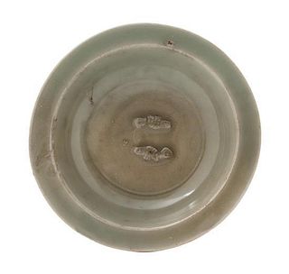 A Chinese Longquan Celadon Glazed Porcelain Double Fish Dish Diameter 4 7/8 inches. 龍泉青瓷双鱼碟，或宋，直徑4.875英吋