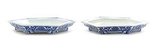 A Pair of Blue and White Porcelain Dishes Length of each 6 3/4 inches. 青花蓮紋六邊形盤一對，直徑6.75英吋