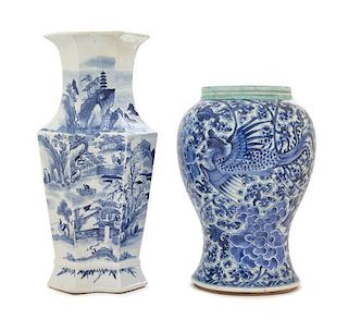 Two Blue and White Porcelain Vases Height 13 inches. 青花花瓶兩件，19世紀，高13英吋