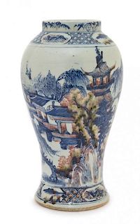 A Copper Red Decorated Underglaze Blue Porcelain Vase Height 13 1/2 inches. 青花釉里紅山水樓閣瓶，高13.5英吋
