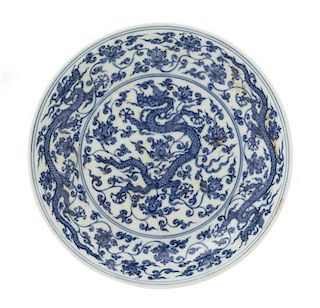 A Blue and White Porcelain Dish Diameter 7 1/4 inches. 青花游龙蓮花紋盤，直徑7.25英吋