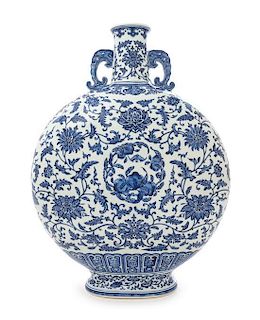 A Blue and White Porcelain Moon Flask Height 20 1/4 inches. 青花纏枝花果紋抱月瓶，高20.25英吋