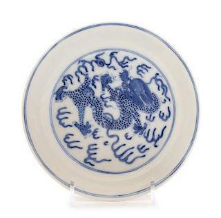 A Blue and White Porcelain Dish Diameter 5 7/8 inches. 青花游龍趕珠紋盘，直徑5.875英吋