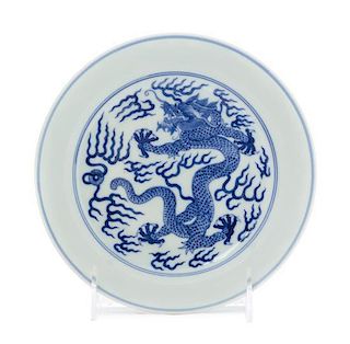 A Blue and White Porcelain Dish Diameter 6 3/4 inches. 青花游龍趕珠紋盘，直徑6.75英吋