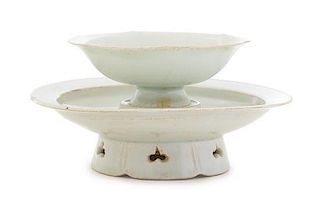 A Qingbai Porcelain Stem Dish and Stand Height overall 3 inches. 青白釉茶盞，高3英吋