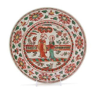 A Red and Green Glazed Porcelain Charger Diameter 12 inches. 紅綠彩開光人物圖盘，直徑12英吋