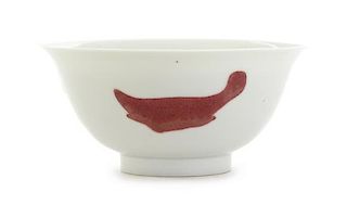 * A Copper Red Decorated White Glazed Porcelain Bowl Diameter 6 inches. 白地紅釉鱼纹碗，口徑6英吋