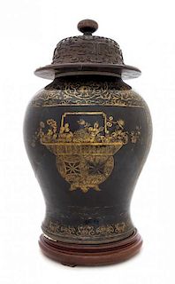 A Gilt Decorated Mirror Black Glazed Porcelain Baluster Jar Height 12 inches. 黑釉描金將軍罐，高12英吋