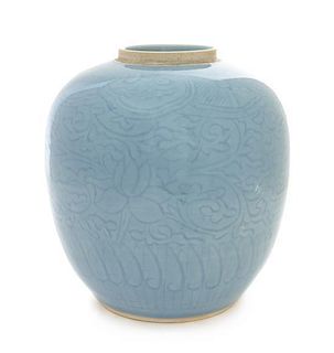 A Clair-de-Lune Porcelain Ginger Jar Height 8 1/2 inches. 天藍釉暗刻花紋罐，高8.5英吋