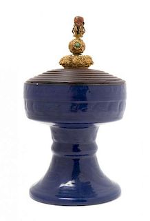 A Monochrome Blue Glazed Porcelain Tazza and Cover, Dou Height 11 inches. 霽藍釉仿銅器紋豆，高11英吋