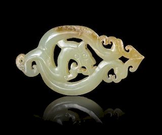 A Pierce Carved Celadon Jade Pendant Length 3 inches. 青玉鏤雕螭龍吊墜，長3英吋