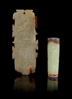 Two Celadon and Russet Jade Pendants Length of largest 3 1/4 inches. 青白玉掛件兩件，最長3.25英吋