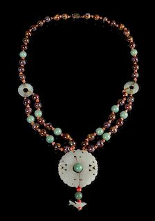 A Celadon Jade, Jadeite and Hardstone Beaded Necklace Length 18 1/4 inches. 青玉及翡翠串珠项链，長18.25英吋