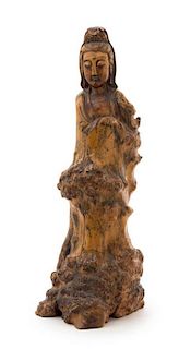 * A Carved Rootwood Figure of a Guanyin Height 19 inches. 根雕观音造像，高19英吋