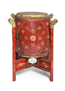 * A Lacquer Drum on Stand Height of stand 37 1/2 inches. 彩漆蓮紋鼓，高37.5英吋