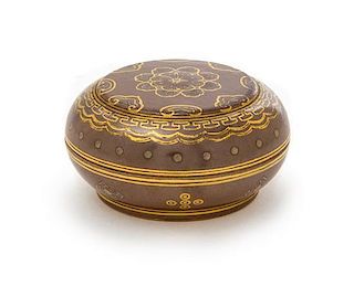A Small Gilt Decorated Brown Glazed Porcelain Seal Paste Box and Cover Diameter 2 1/2 inches. 棕釉描金小印泥盒，直徑2.5英吋