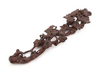 * A Carved Wood Ruyi Scepter Length 12 inches. 木雕松鼠葡萄如意，長12英吋