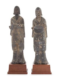 A Pair of Greystone Figures of Musicians Height of taller 11 inches. 灰石雕乐俑一對，高11英吋