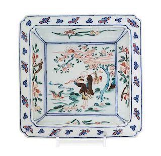 A Polychrome Glazed Porcelain Square Dish Length 7 x width 7 inches. 五彩人物圖方盘，長7英吋，寬7英吋
