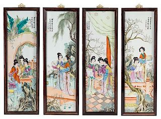 A Set of Four Polychrome Enameled Porcelain Plaques Each 30 x 8 3/4 inches. 粉彩仕女圖瓷板四件，長30x寬8.75英吋