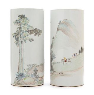 A Pair of Qianjiang Enameled Porcelain Hat Stands Height 11 inches. 淺絳彩帽筒一對，高11英吋