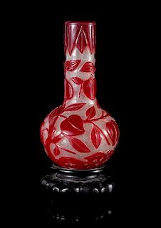 * A Red Overlay Snowflake Ground Peking Glass Vase Height 6 3/4 inches. 雪霏地套紅料長頸瓶，高6.75英吋