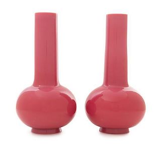 A Pair of Opaque Pink Peking Glass Bottle Vases Height 10 inches. 粉紅料長頸瓶一對，高10英吋