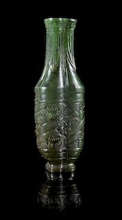 A Spinach Jade Vase Height 5 1/4 inches. 碧玉雕龍紋四聯瓶，高5.25英吋