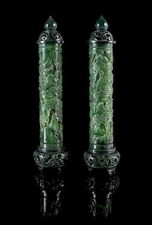 A Pair of Spinach Jade Parfumiers Height 9 3/4 inches. 碧玉雕松下學士圖香筒一對，高9.75英吋