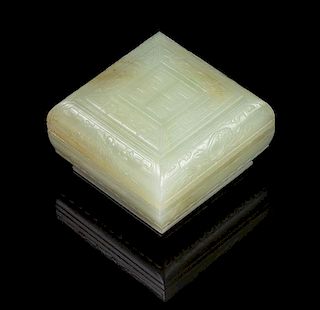 A Jade Box and Cover Length 2 x width 2 x depth 1 1/4 inches. 青玉方形蓋盒，長2x寬2x深1.25英吋