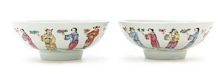A Pair of Famille Rose Porcelain Bowls Diameter of each 6 3/8 inches. 粉彩十二花神碗一對，直徑6.375英吋