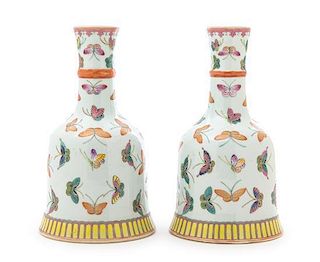 A Pair of Famille Rose Porcelain Vases Height 8 1/4 inches. 粉彩蝴蝶紋瓶一對，高8.25英吋