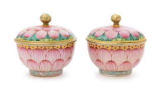 A Pair of Famille Rose Porcelain Covered Bowls Diameter 5 1/4 inches. 粉彩蓮瓣紋盖碗一對，直徑5.25英吋